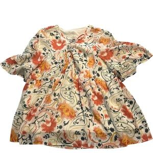 Floral Women’s Top - Orange and Cream with shear ruffled sleeves. PTP 22 L 26.5